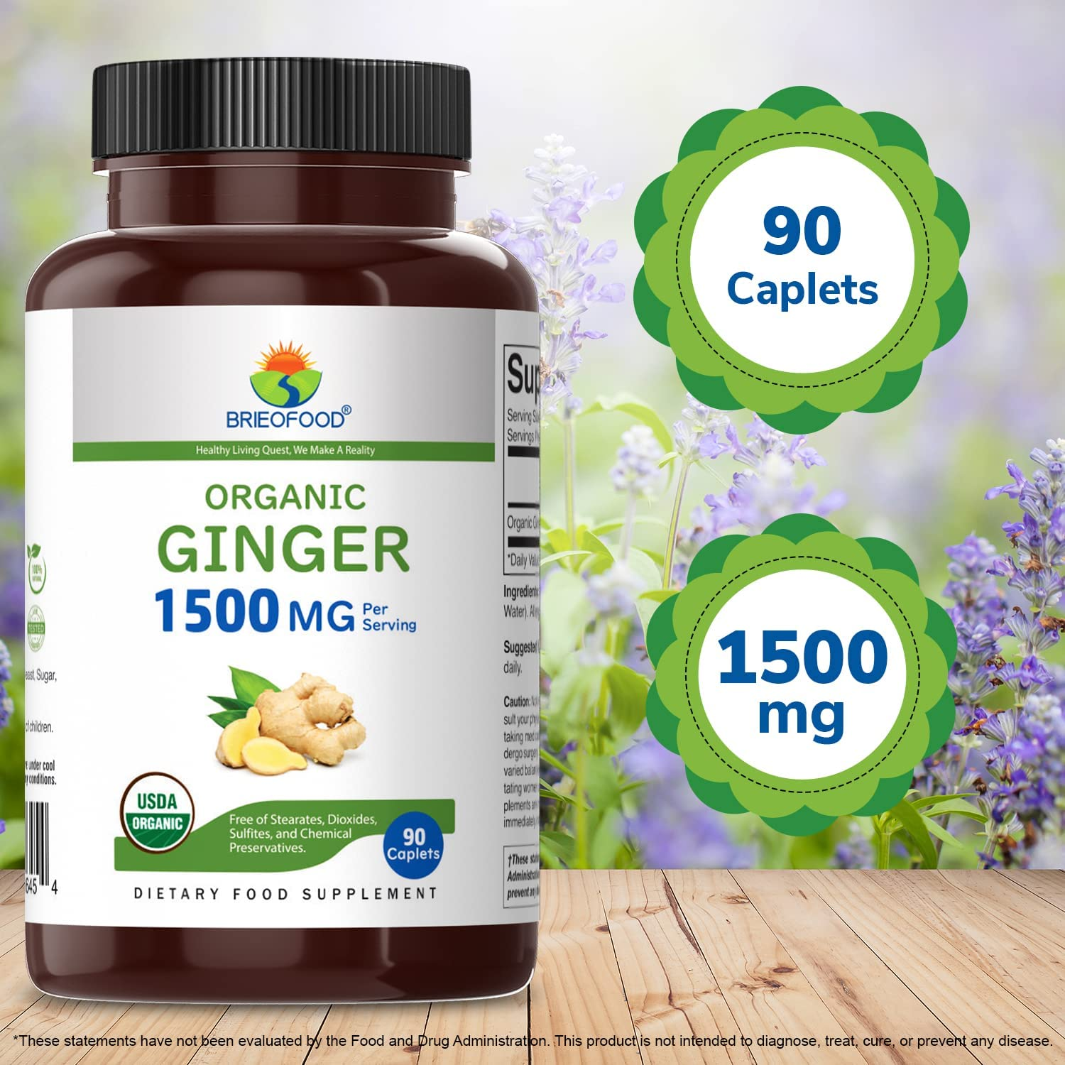 Brieofood Organic Ginger 1500Mg, 45 Servings, Vegetarian, Gluten Free, 90 Vegetarian Tablets image number 2