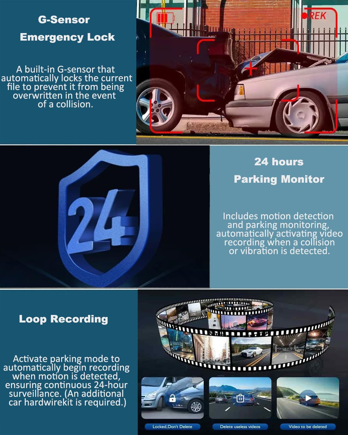 3 Channel Dash Cam Front and Rear inside for Cars, 4K Full UHD Car Camera with 32GB Card, IR Night Vision, 3.18&rdquo; IPS Screen, 176&deg; Wide Angle, 24H Parking Monitor, G-Sensor, Loop Recording image number 2