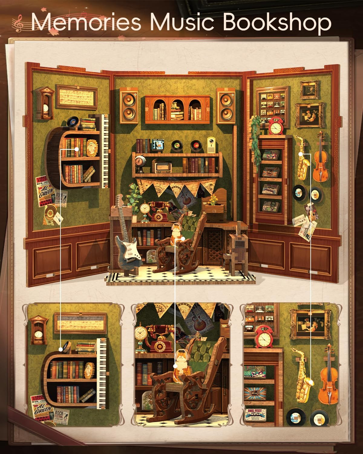 CUTEBEE Book Nook Kit - DIY Miniature House Kit for Bookshelf Decor, Book Nook Kits for Adults, 3D Wooden Puzzle Dollhouse for Family, Friends (Memories Music Bookshop) image number 1