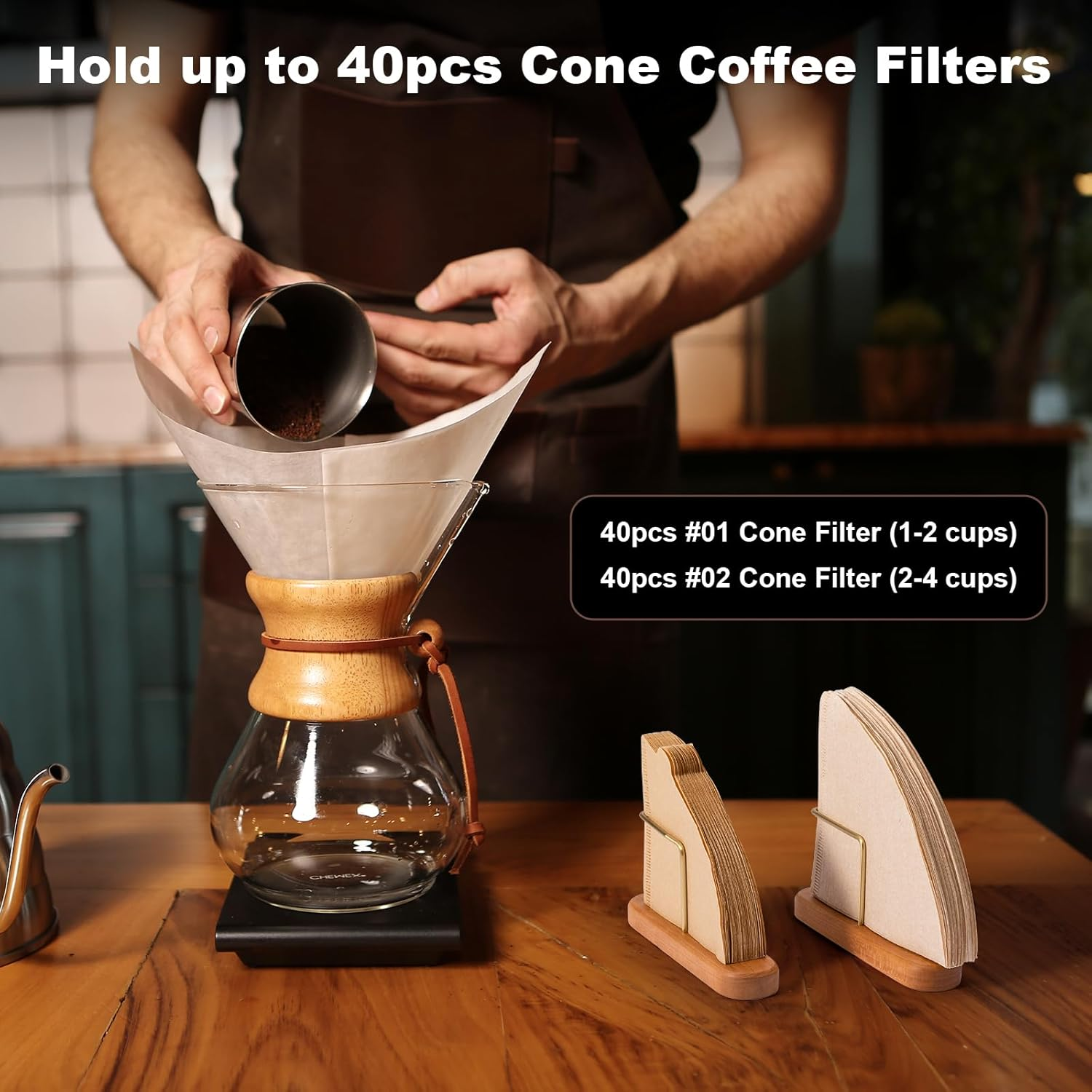 Coffee Filter Holder, Cherry Wood and Brass, V60 Cone Paper Coffee Filters Size 01 and 02, 40Pcs, 1 Count image number 3