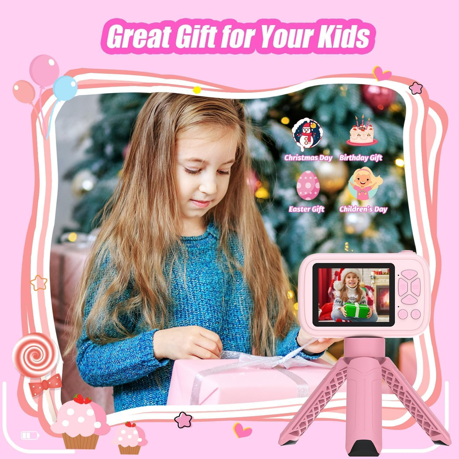 ZONEY Kids Camera Toys,Children'S Camera with Flip-Up Lens for Selfie & Video, 32G 1080P HD Digital Camera with Flash Lamp, Video Recorder, Birthday Gifts for Boys Girls (Pink) image number 5