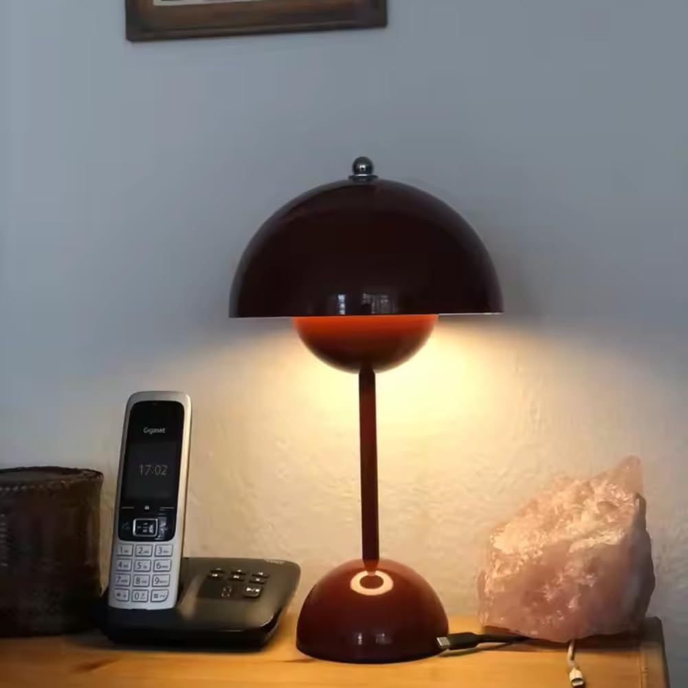 Pomya Mushroom Table Lamp, Small Bedside Table Lamp Iron Stepless Dimming 3 Lighting Modes Touch Dimmable for Living Rooms (Wine Red) image number 6