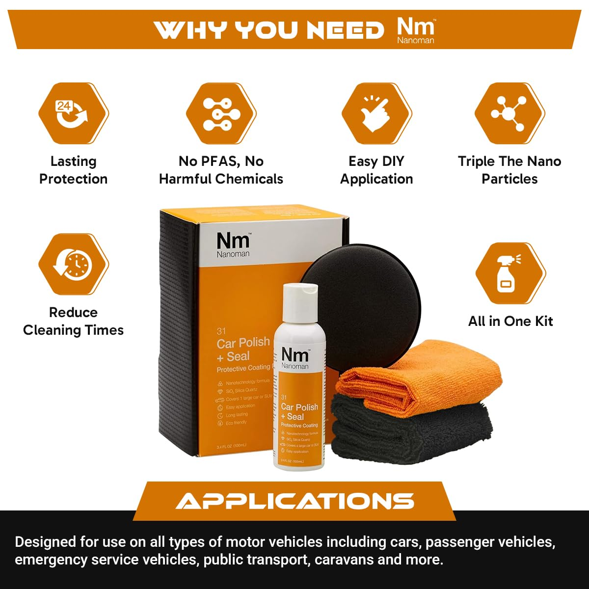 Nano Ceramic Car Polish and Wax Kit. Easy to Apply High Gloss Nano Ceramic Polish (100Ml) Complete with Application Pad and Polishing Cloths image number 6