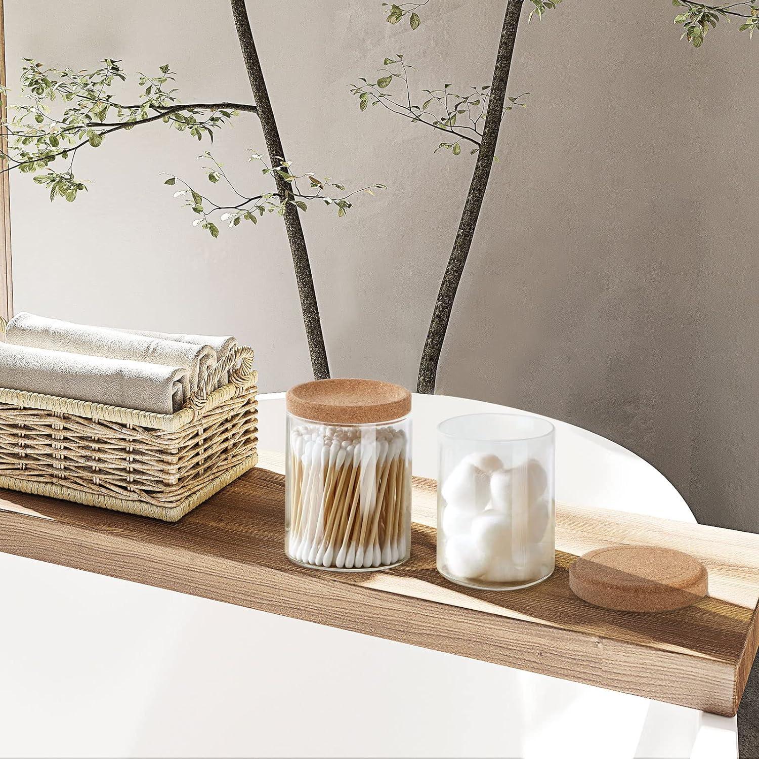 Anhow 3 Pack Qtip Holder Dispenser, Makeup Organizer with Cork Lids and Cork Pallet Cosmetic Display Cases Cotton Pad Dispenser for Cotton Ball, Cotton Swab, Cotton round Pads, Floss - Clear - Transparent image number 3