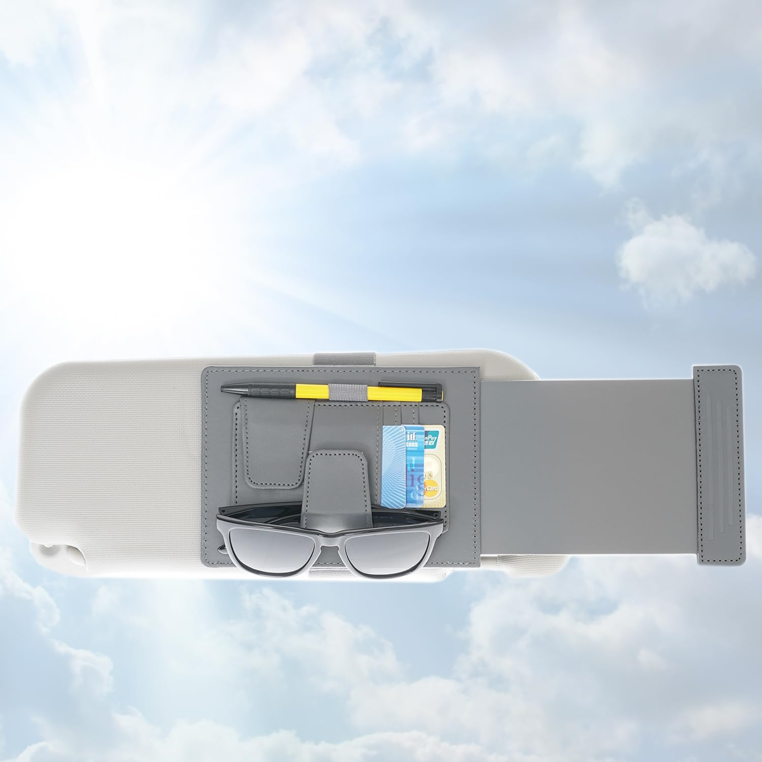 Universal Car Sun Visor Organizer and Extender - Anti-Glare Sunshade with Multi-Pocket Storage for Sunglasses, Cards, and More - Improve Driver Safety and Convenience, 1 Piece (Gray)