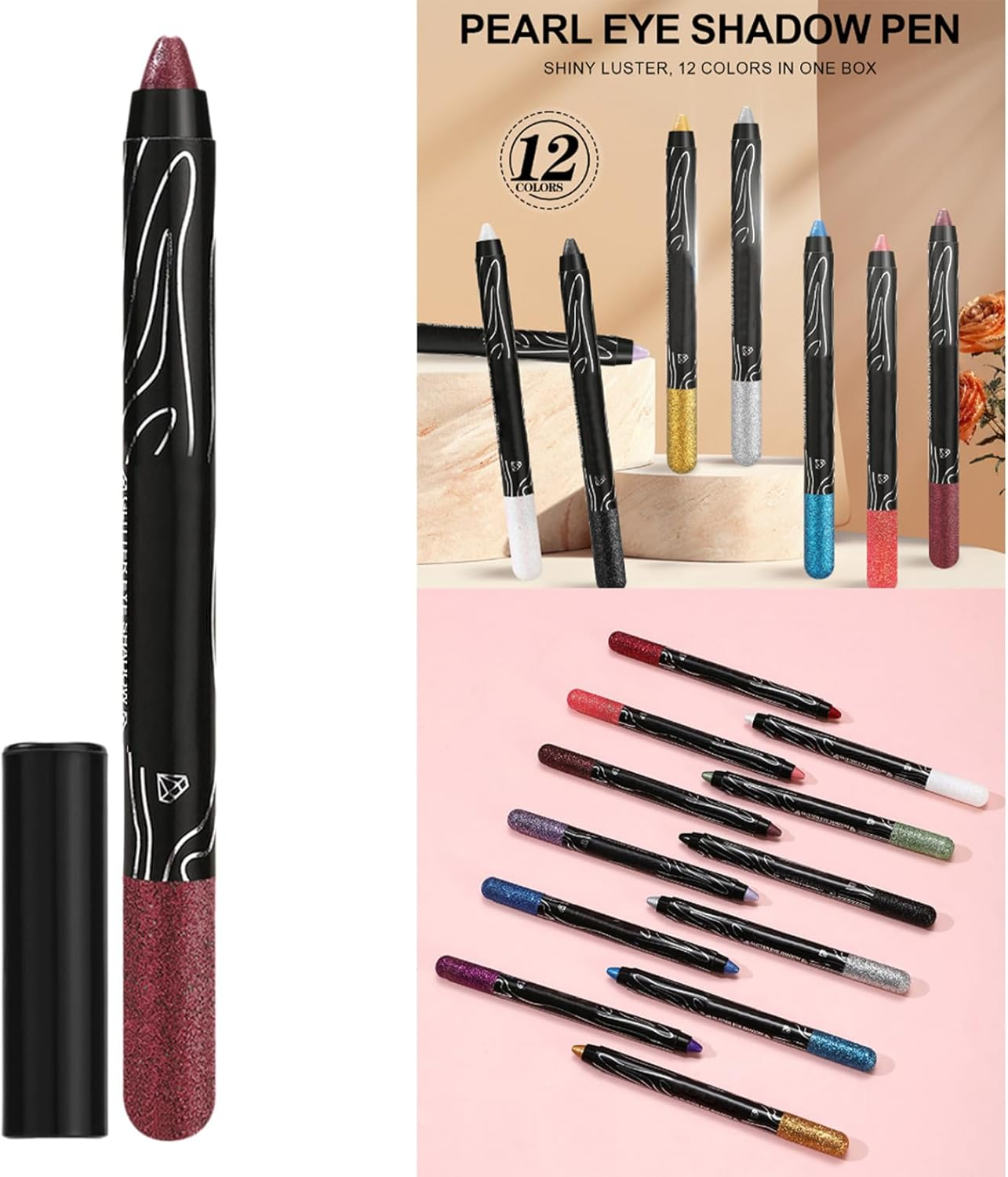 Hedmy Creamy Glitter Eyeshadow Stick Waterproof Pearl Shimmer Makeup Long Lasting Glide on Pen for Parties and Weddings Burgundy One Size image number 1