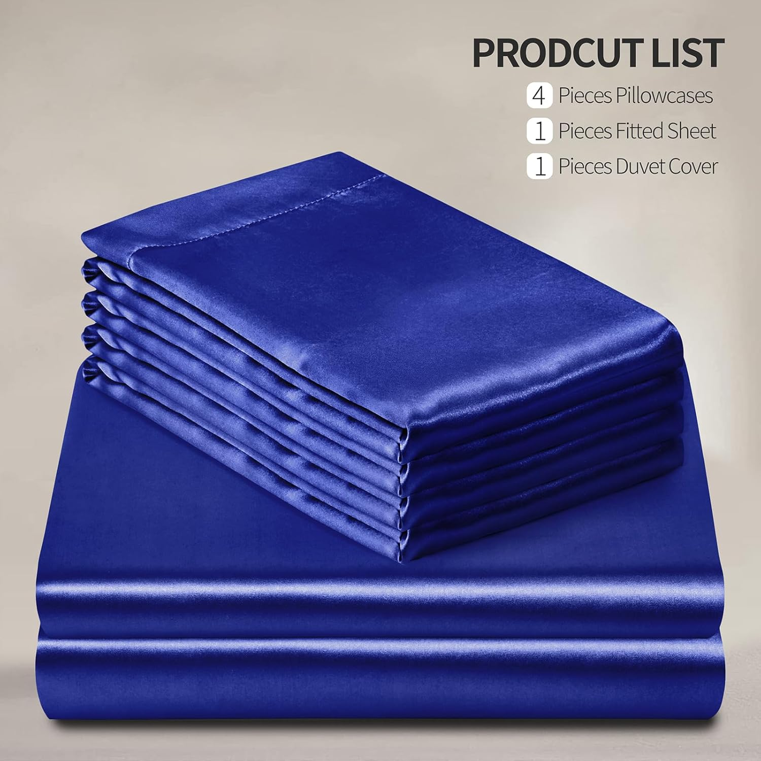 Manyshofu Royal Blue Satin Duvet Cover Set, Queen Size - 6Pc Bed Linen Set with Fitted Sheet & 4 Pillowcases