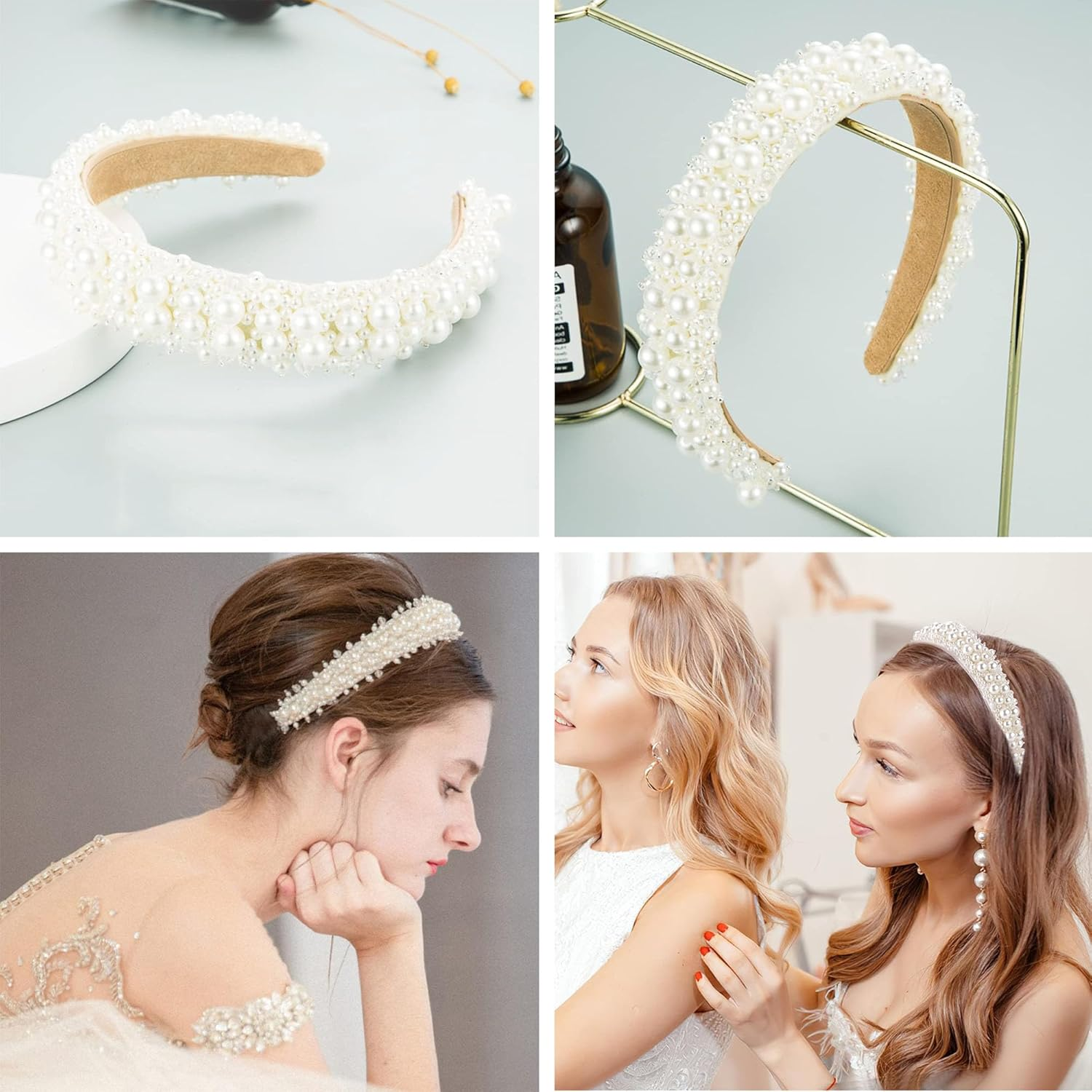 Women'S Pearl Headband, White Pearl Headband Dirndl, Wide Elegant Braided Headband Glitter, Hair Hoop Women'S Velvet Bridal Hair Bands Hair Accessories Wedding Hairstyles Accessories image number 4