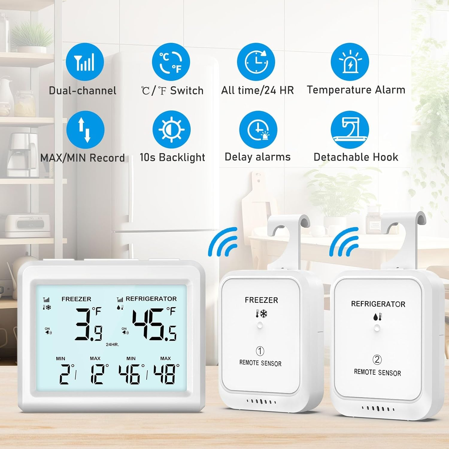 AMIR Wireless Refrigerator Thermometer, 3.7 Inch LCD Fridge and Freezer Thermometer with Alarm, Freezer Alarm with 2 Sensors, Digital Fridge Thermometer for Home and Restaurants image number 4