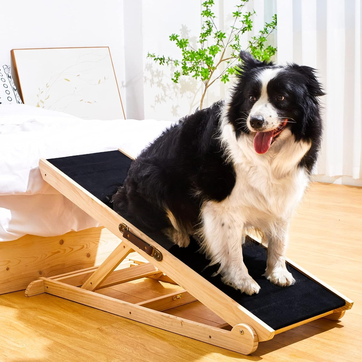 Folding Dog Ramp 4 Levels Adjustable Wooden Portable Cats Ramp with Non Slip Carpet Surface for Bed Car Couch SUV (XL) image number 6