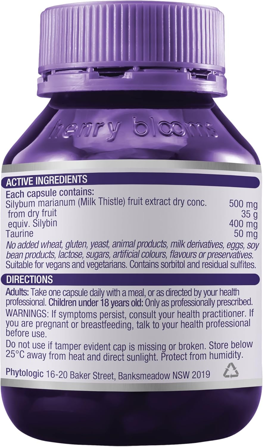 Henry Blooms 35,000 Mg Milk Thistle with 50 Mg Taurine 60 Vegetarian Capsules image number 1