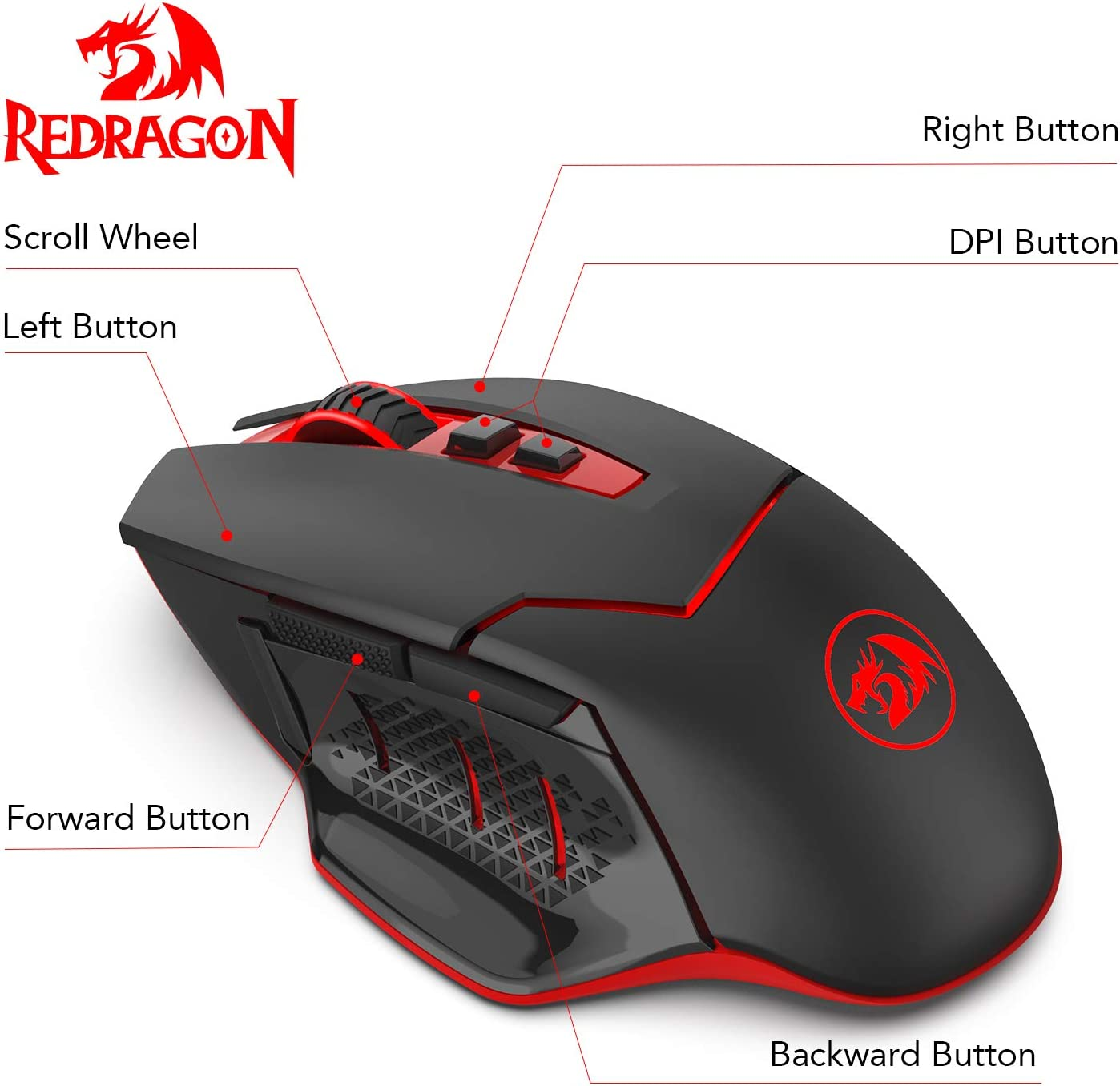 Redragon M690-1 Wireless Gaming Mouse with DPI Shifting, 2 Side Buttons, 2400 DPI, Ergonomic Design, 8 Buttons-Black image number 3
