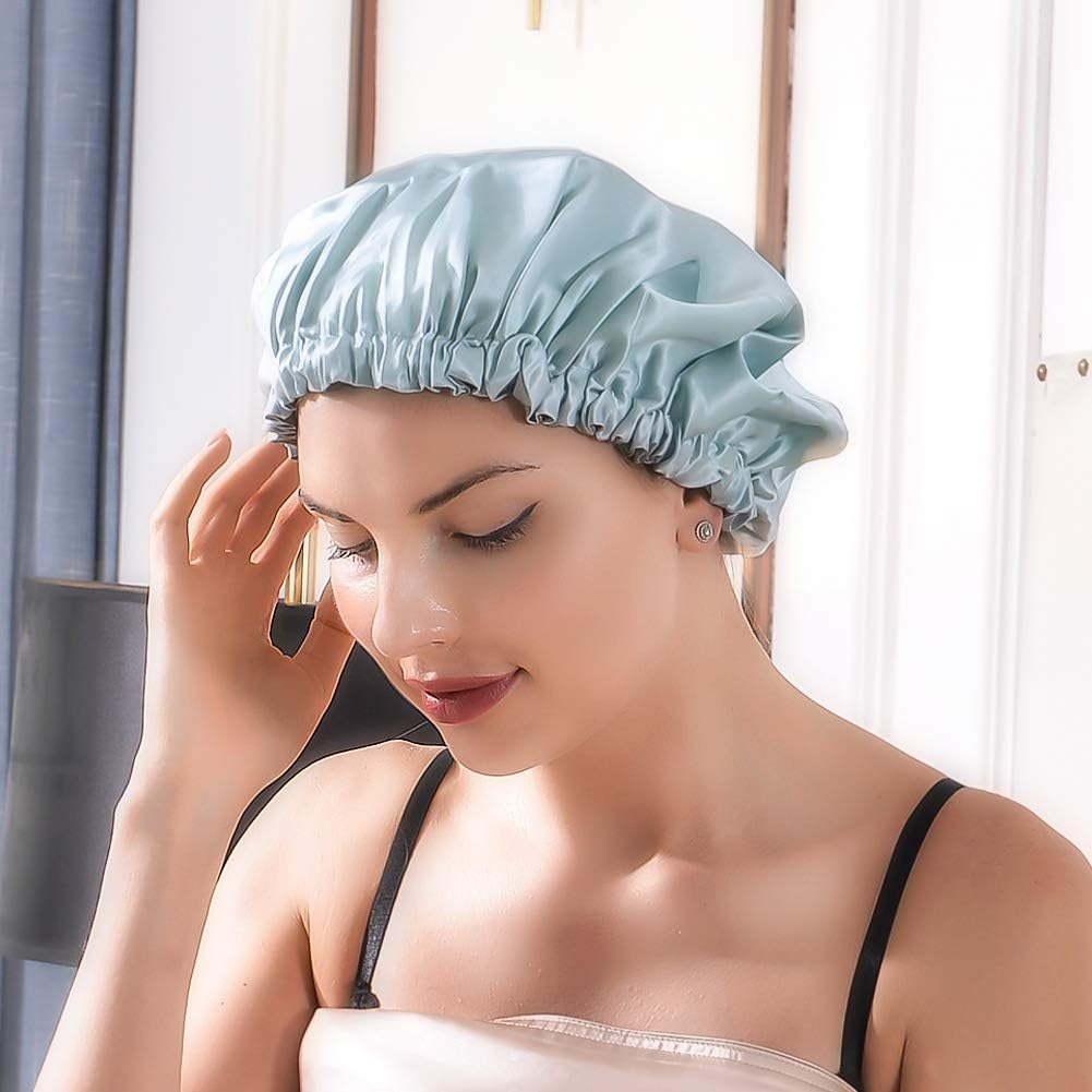 THXSILK Silk Bonnet for Women Girls, 100% 22 Momme Mulberry Silk with Hyaluronic Acid, Double Layered, Durable and Deep Hydration, Adjustable Elastic Night Cap for Hair Care - L, Light Blue & Grey image number 7