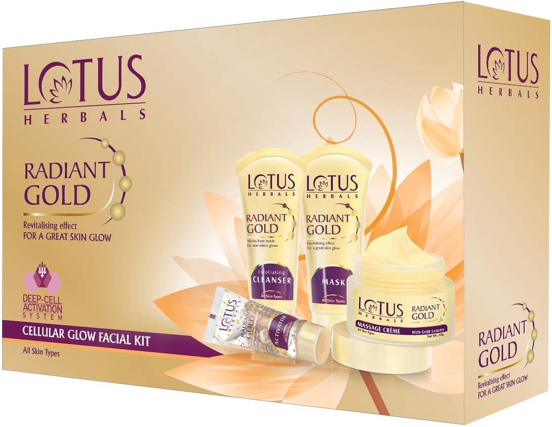 Lotus Herbals Radiant Gold Facial Kit for Instant Glow with 24K Pure Gold & Papaya 170G (Multi Use) image number 1