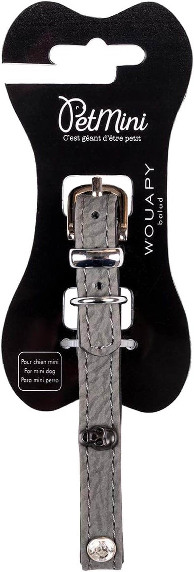 Wouapy Petmini Collar by Wouapy for Little Dogs, Grey Leatherette Collar with Matching Skull Rivets, Collar of 15 Mm Width and 30 Cm Length