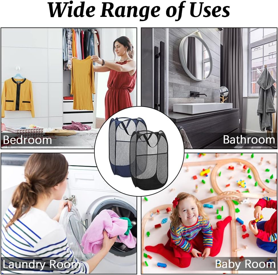 4Pcs Mesh Pop up Laundry Hamper, FHDUSRYO Foldable Pop up Hamper, Collapsible Laundry Basket with Carry Handles, Portable Dirty Clothes Basket with 4 Wash Bags, Mesh Hamper for Dorm Bedroom Travel image number 4