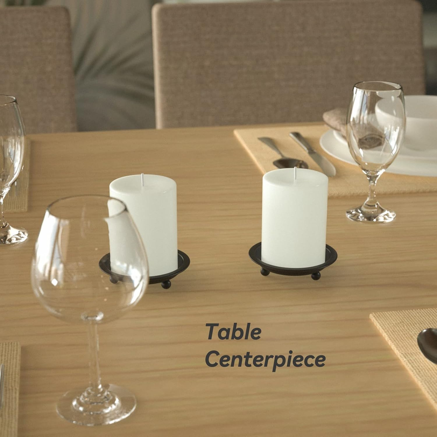 Matte Black Iron Candle Plate, Set of 2, Metal Saucer Style Candle Holder for Pillar/Scented/Flameless/Ball Candles, Decorative Candle Stand for Table Centerpiece image number 1