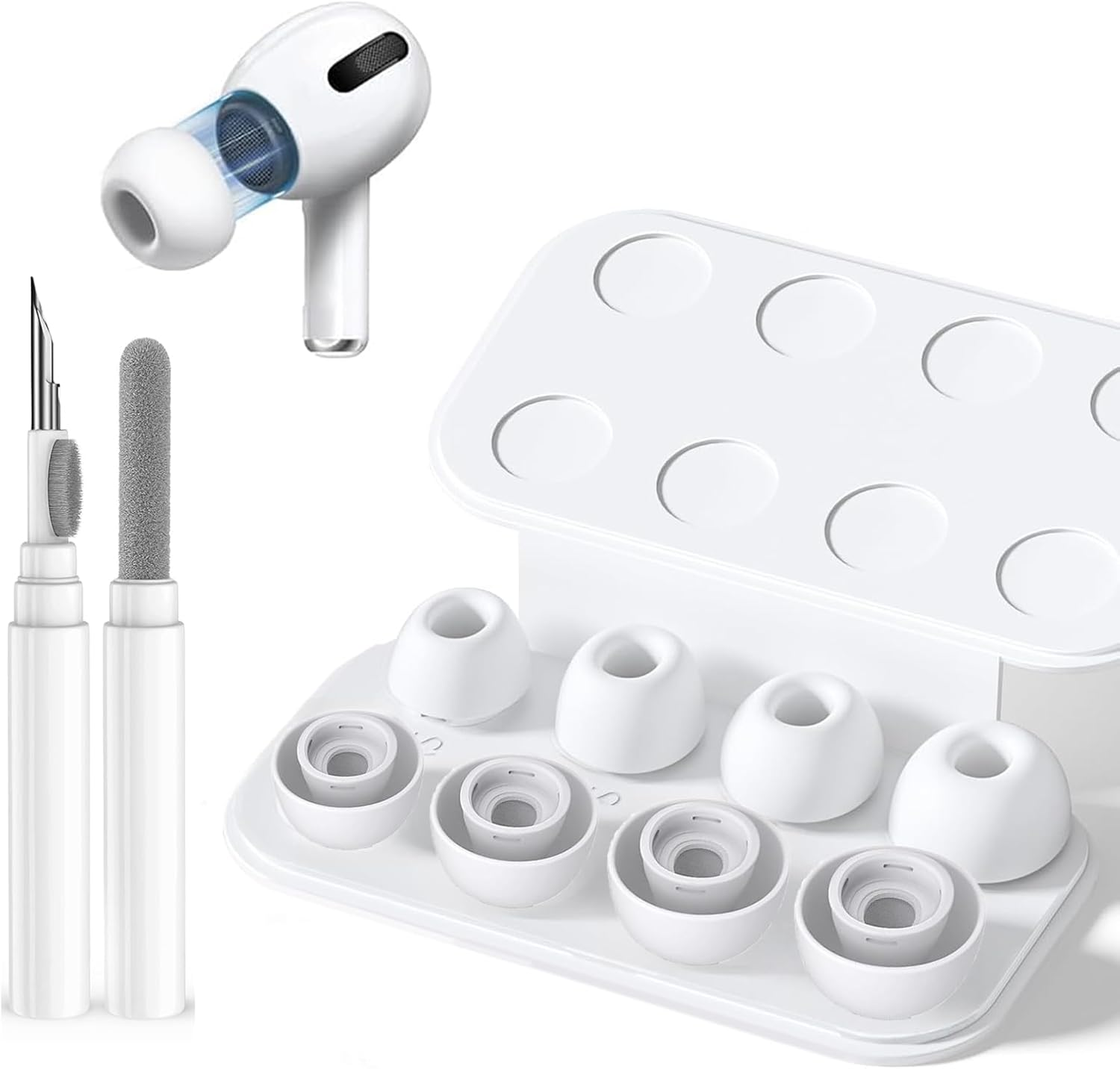 Tzylomirx 4 Pair Replacement Ear Tips for Airpods Pro/Pro 2Nd with Noise Reduction Hole, Silicone Material, Built - in Dust Guard Screen, Includes Cleaner Pen Kit, 4 Sizes (Xs/S/M/L)-White image number 4