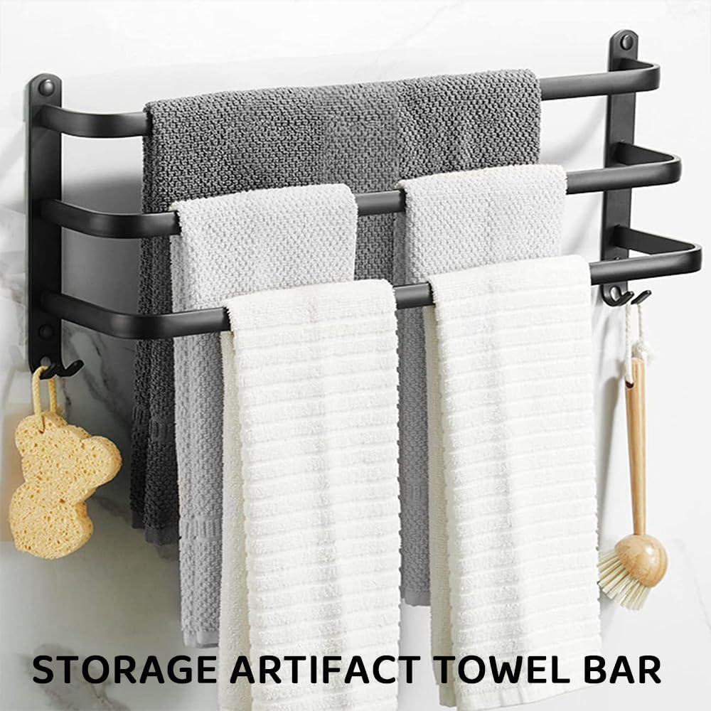 3-Tier Wall-Mounted Bath Towel Rack &ndash; 40 CM Ladder-Style Towel Holder with 2 Hooks, Stainless Steel Bathroom Towel Bar, Durable Black Finish image number 4