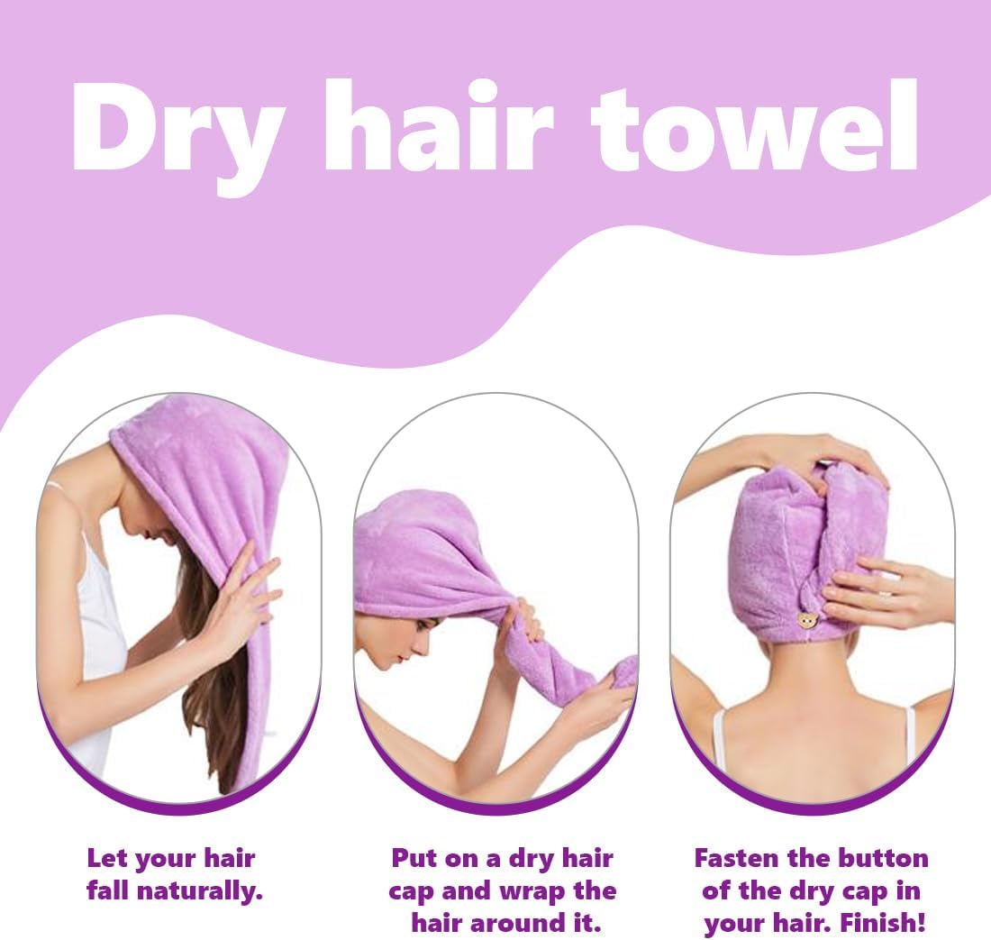 3 Pack Microfiber Hair Drying Towel Hair Drying Towel with Buttons, Super Absorbent, Quick Drying, Fluffy image number 2