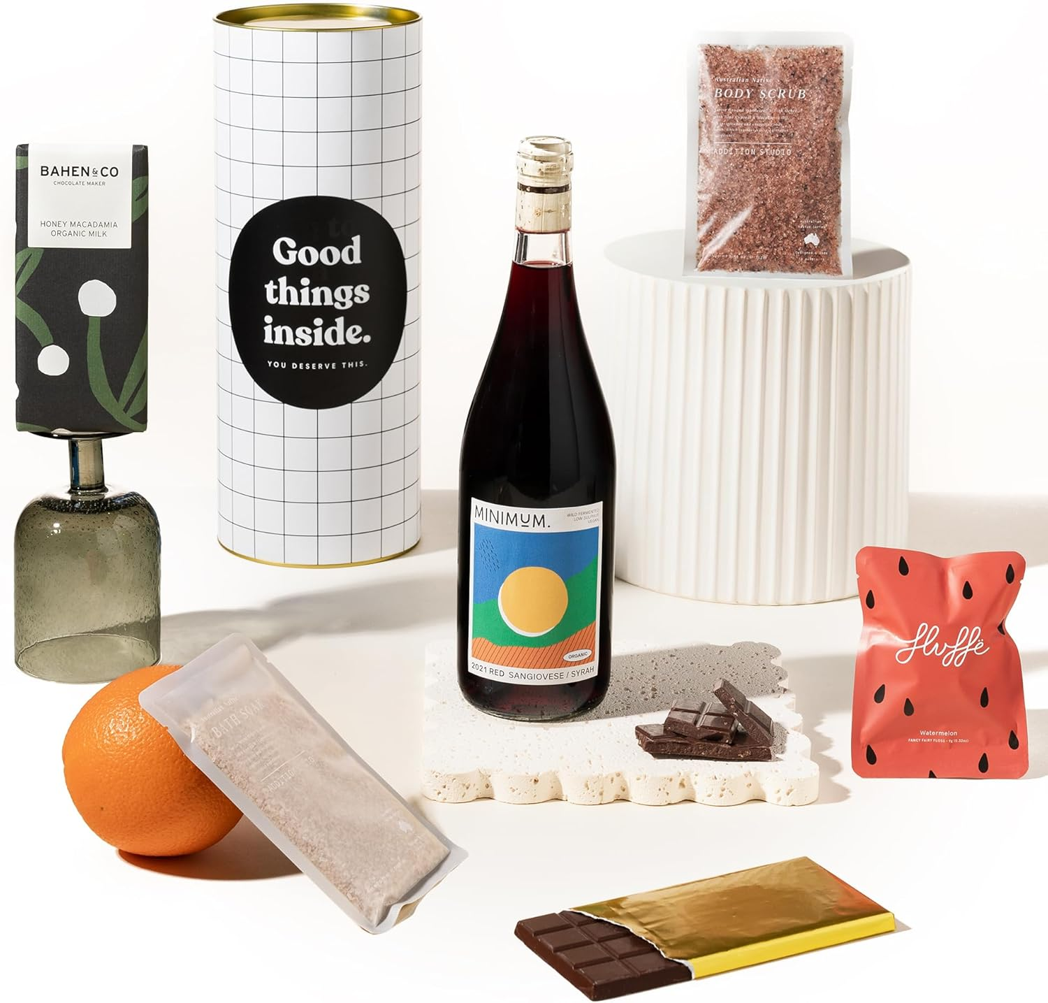 Luxury Pamper Gift Hamper | Tricky Vicki Gift Box by Good Day People | Australian White Wine, Bahen & Co Chocolate, Luxe Bath Soak, Body Scrub & Fairy Floss &ndash; Indulgent Gift Box of Self-Care, Relaxation & Treats image number 2