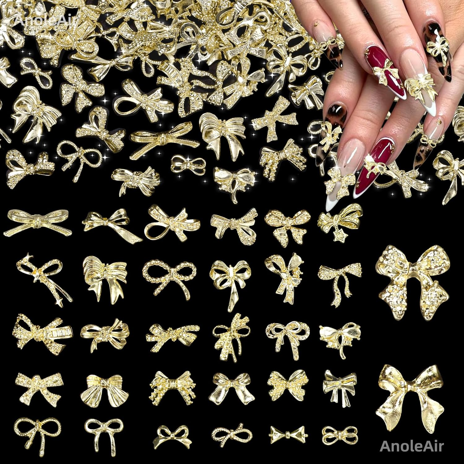 32 Styles 160 Pcs Metal Golden Bow Nail Charms, 3D Alloy Bow Bowkont Nail Charms for Acrylic Nails, Gold Bows Nail Art Charm for Nails DIY Y2K