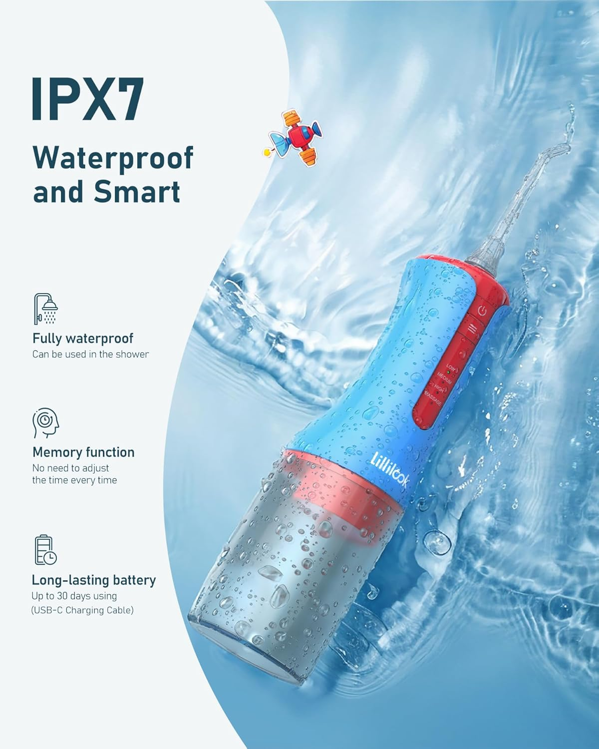 Lillilook Kids Water Flosser, Portable Waterproof Oral Irrigator Water Teeth Cleaner Pick, 4 Modes for Ages 6+, Rechargeable with 3 Jet Tips Blue image number 4