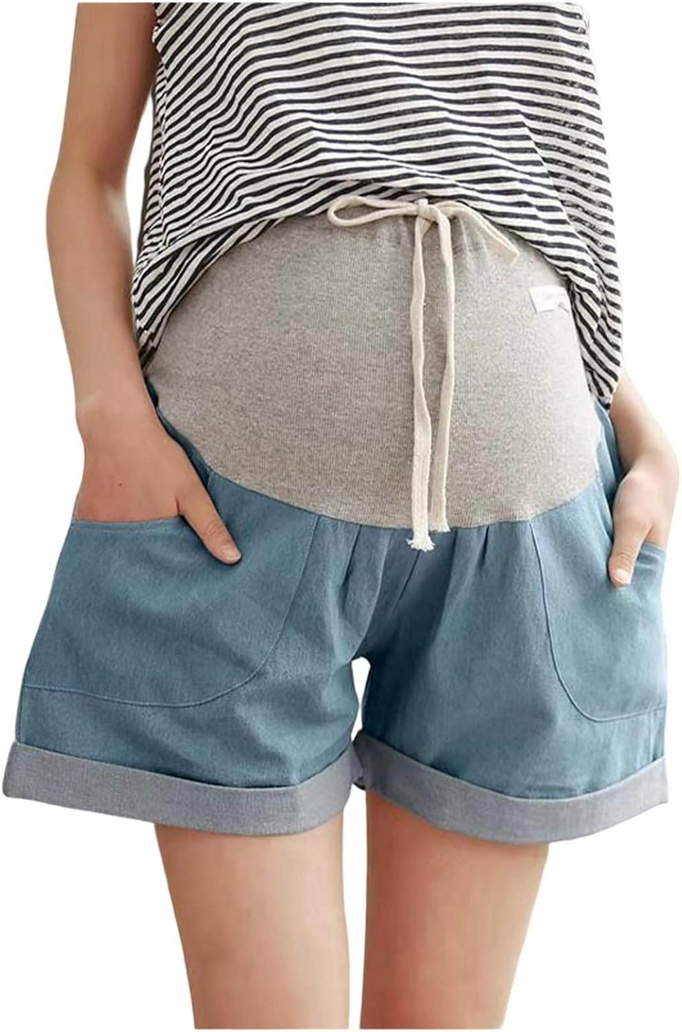 Qiribati Womens Jean Shorts Drawstring Maternity Denim Shorts Roll Hem Pregnancy Summer Short Jeans