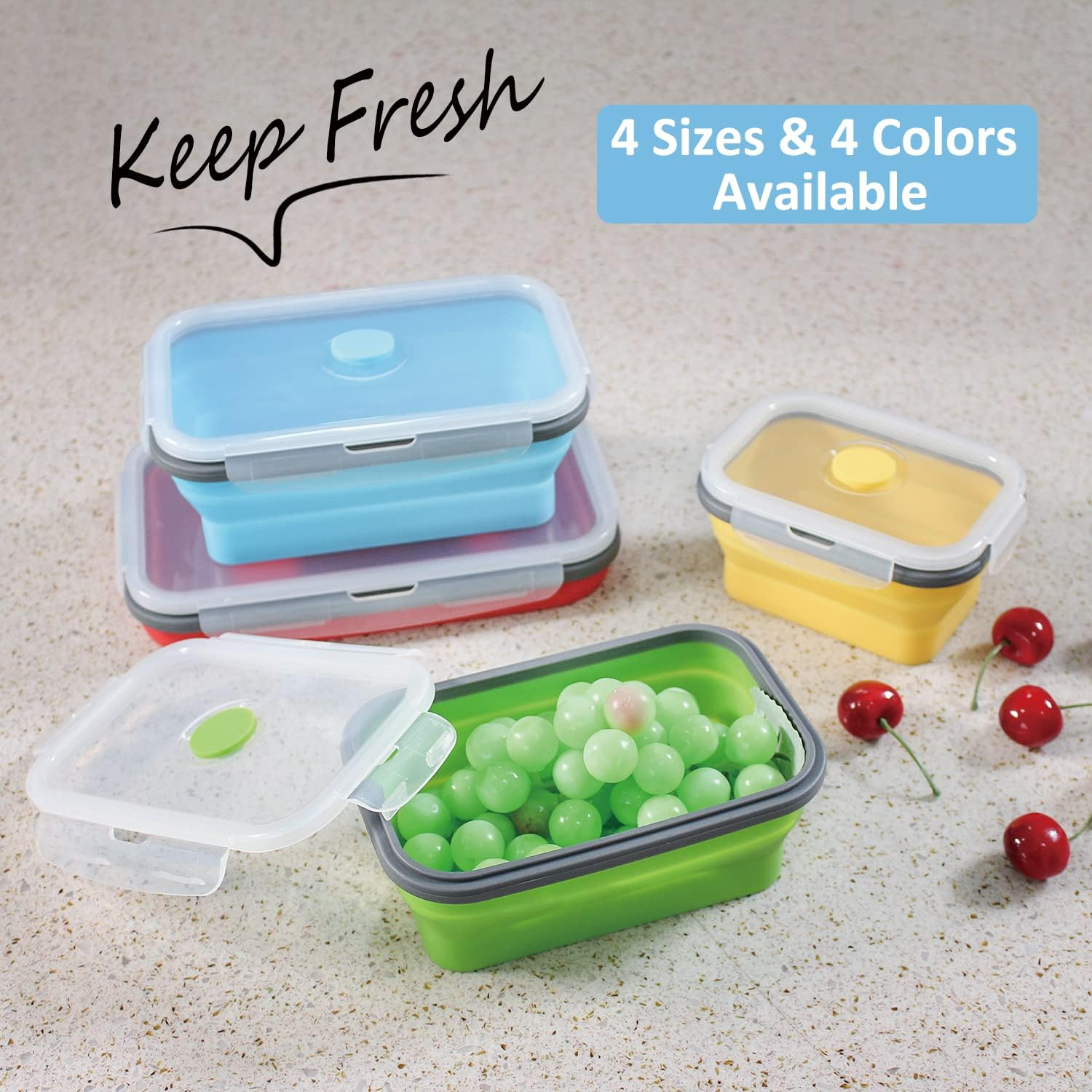 Collapsible Food Storage Containers with Airtight Lid, 4 Sizes, Annaklin Small and Large Stacking Silicone Collapsible Meal Prep Container Set for Leftover, Microwave Freezer Dishwasher Safe, Set of 4