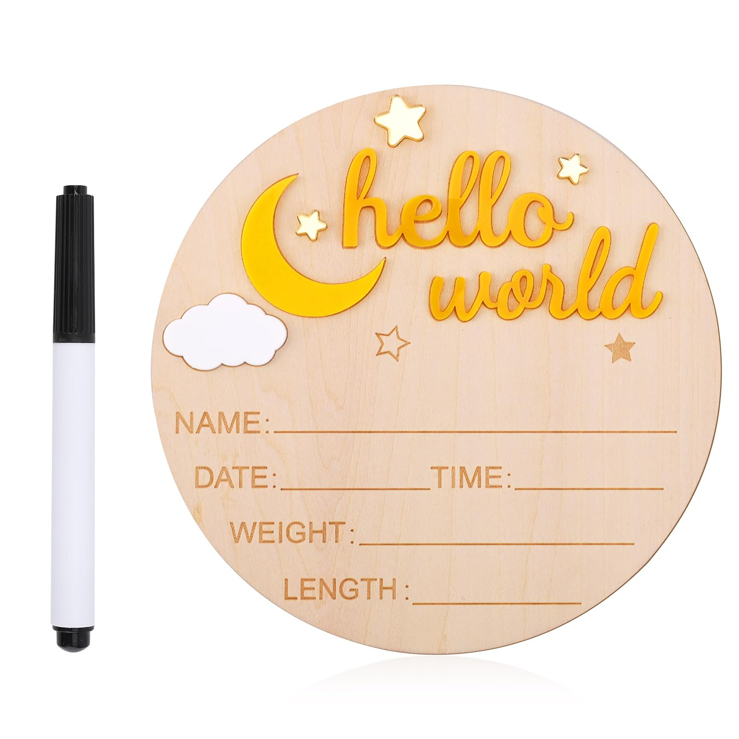 Wooden Hello World Newborn Sign, Cute Birth Announcement Board Baby Announcement Sign Newborn Welcome Sign Baby Name Plaque for Nursery Hospital Girl Boy Baby Shower Photo Props(Yellow) image number 5