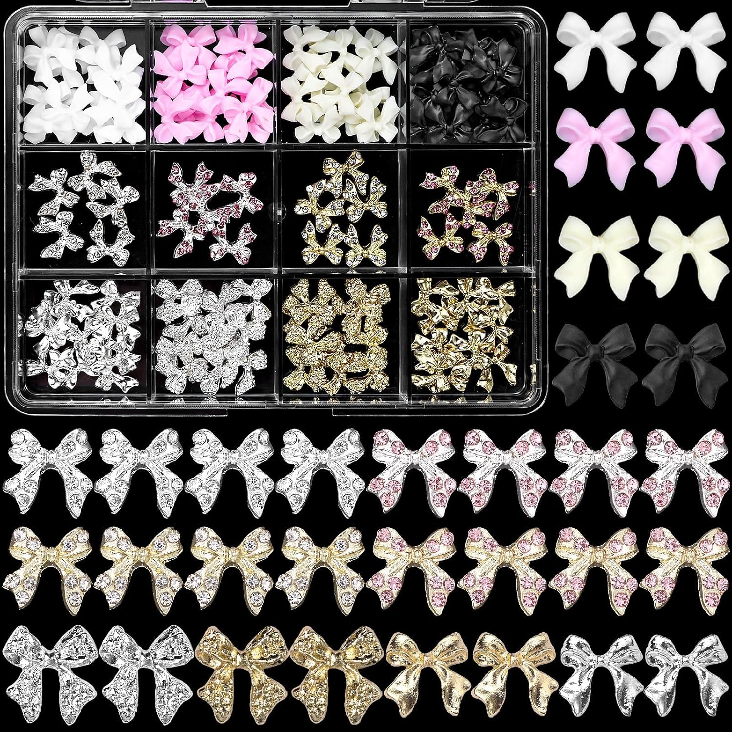 60 Pcs 3D Bow Nail Charm and Gems, Silver Gold Alloy Bowknot Nail Gems, 4 Colors Bows Acrylic Nail Art Charms Glitter Nail Gems Charms for Nail Art DIY Decoration Accessories Crafts image number 3