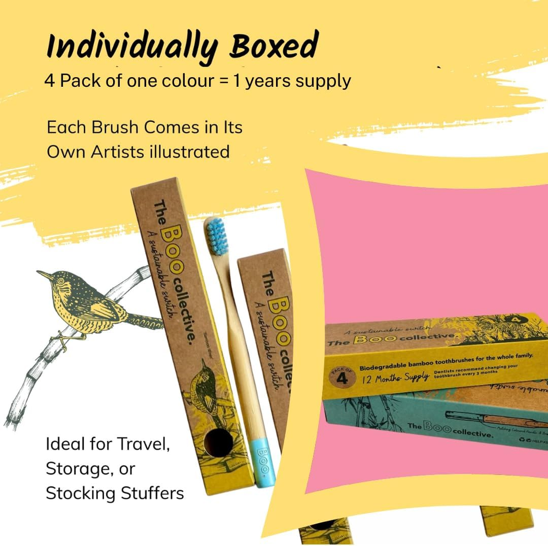 The Boo Collective Bamboo Children Toothbrush Set, Soft Toothbrush for Kids and Toddlers, Black Children Toothbrushes with Soft Bristles, Vegan, Sustainable, Australian-Owned Brand, Pack of 4 image number 5