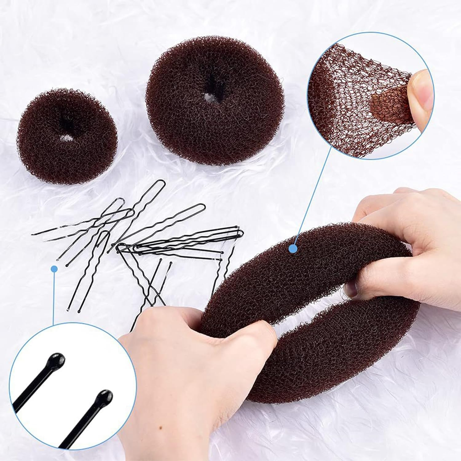 Donut Hair Bun Maker Set - 7 Pieces (Extra-Large, Large, Medium, Small), 5 Elastic Bands, 30 Pins, Dark Brown image number 1