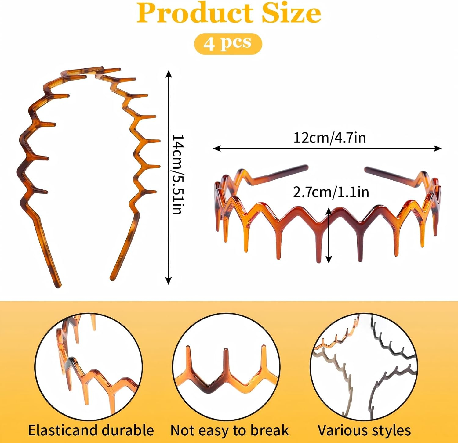 Set of 4 Zig Zag Headbands, Recycled Plastic Wavy Toothed Hair Band, Tooth Comb Hairband Wavy Zigzag Headband for Women and Men, Classic 90S Hair Hoop Accessories (Black + Brown + Khaki + Coffee) image number 6