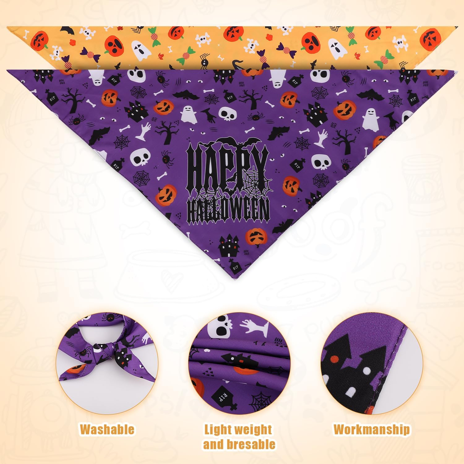 2Pcs Halloween Dog Bandanas, 2 Colors Halloween Triangle Dog Scarf Double-Sided Reversible Puppy Bandana Pet Halloween Costume Triangle Bibs for Small Medium Dogs image number 6
