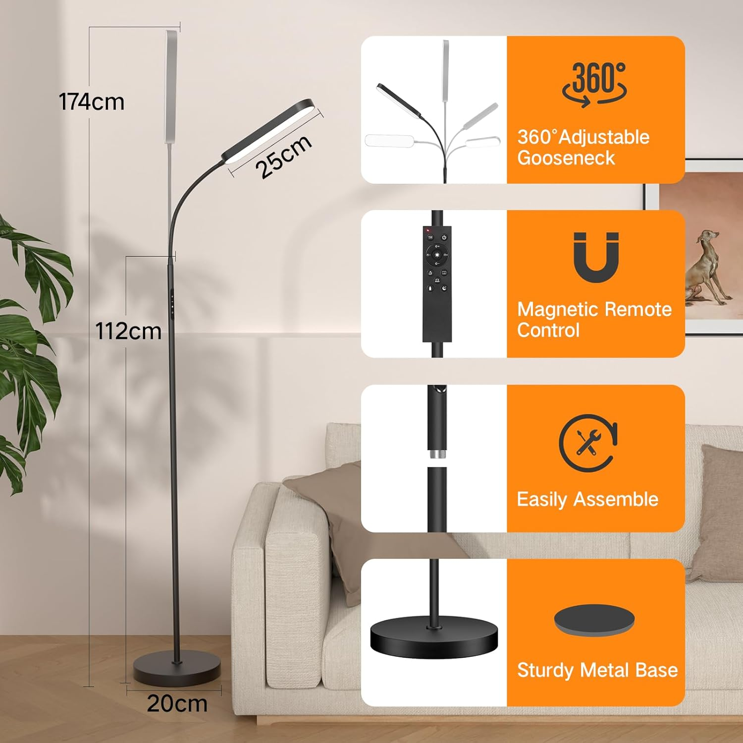 OUTON LED Floor Lamp, 15W 1500LM Dimmable Reading Lighting with 360&deg;Rotatable Neck, 4 Colour Temperatures, Remote & Touch Control, 1H Timer Tall Standing Lamp for Living Room Bedroom Office, Black image number 4