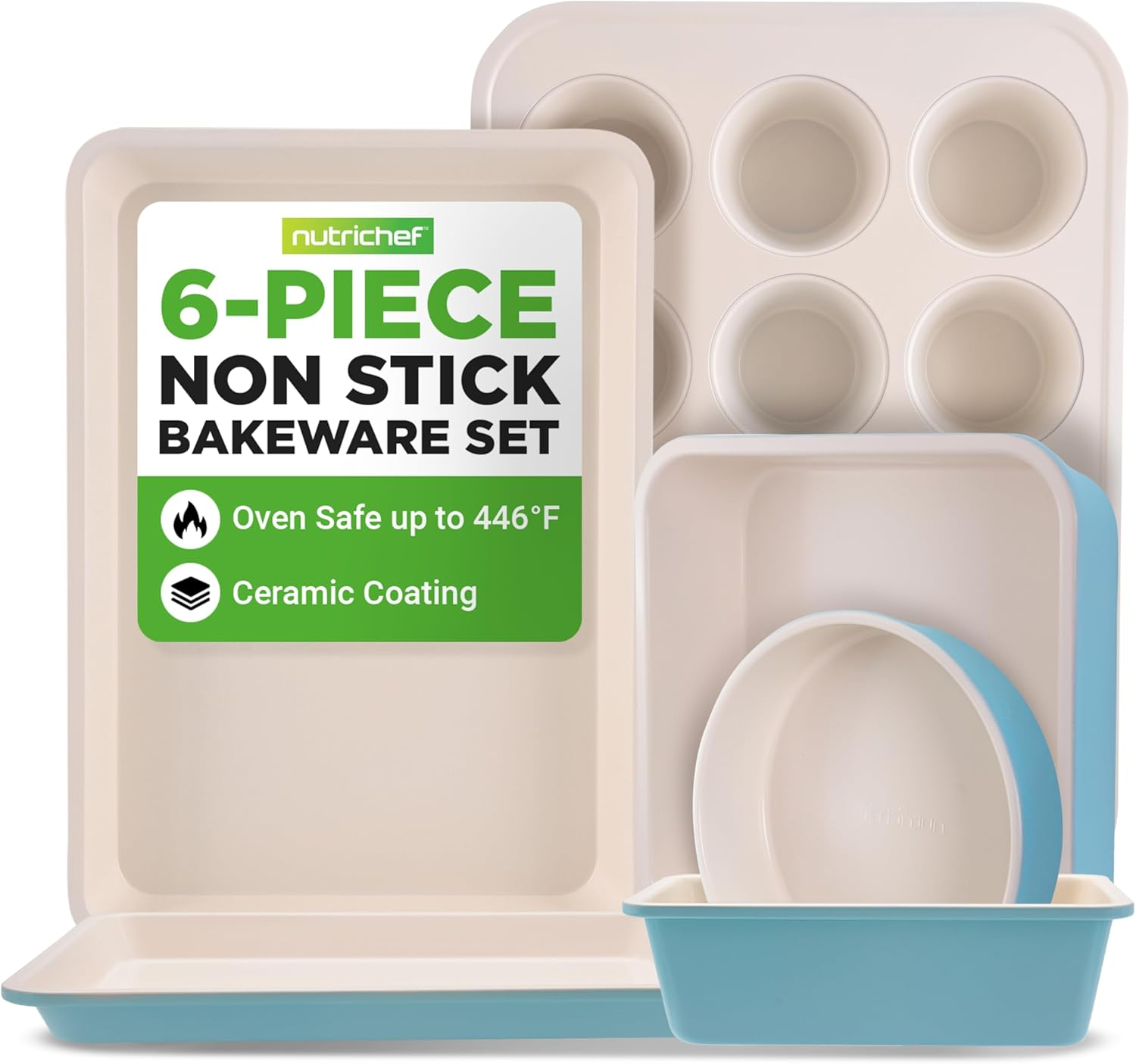 Nutrichef 6-Pcs Kitchen Oven Baking Pans - Non-Stick Baking Sheets Set, Attractive Green Pans & White inside Pan, Quality Kitchenware for Cooking & Baking Cake Loaf, Muffins & More image number 4