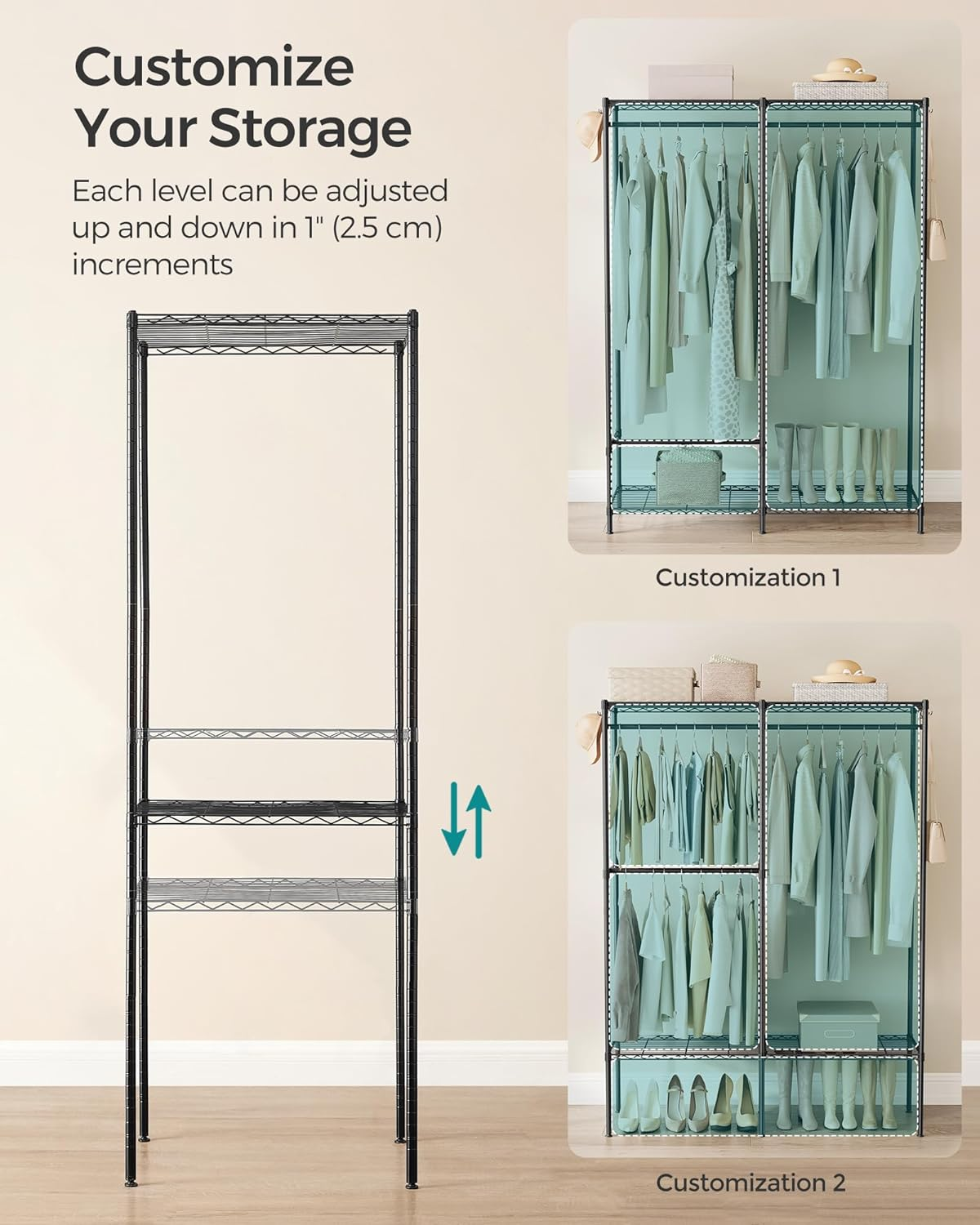 SONGMICS Clothes Rack, Freestanding Wardrobe Closet, Metal Clothing Racks, Heavy-Duty Garment Rack with Adjustable Wire Shelves, Hanging Rods, Hooks, Dividable, Ink Black ULGR423B01 image number 6