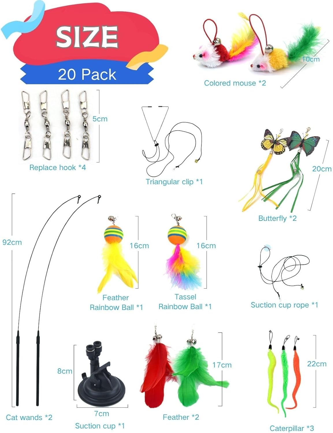 20 Pack 4-In-1 Interactive Cat Feather Toys Set | 2 Wands, 1 Super Suction Cup & 11 Replacements (Feathers, Balls, Mice) | Door-Hanging Teaser Toys for Indoor Cats & Kittens - Exercise & Chase Play image number 2