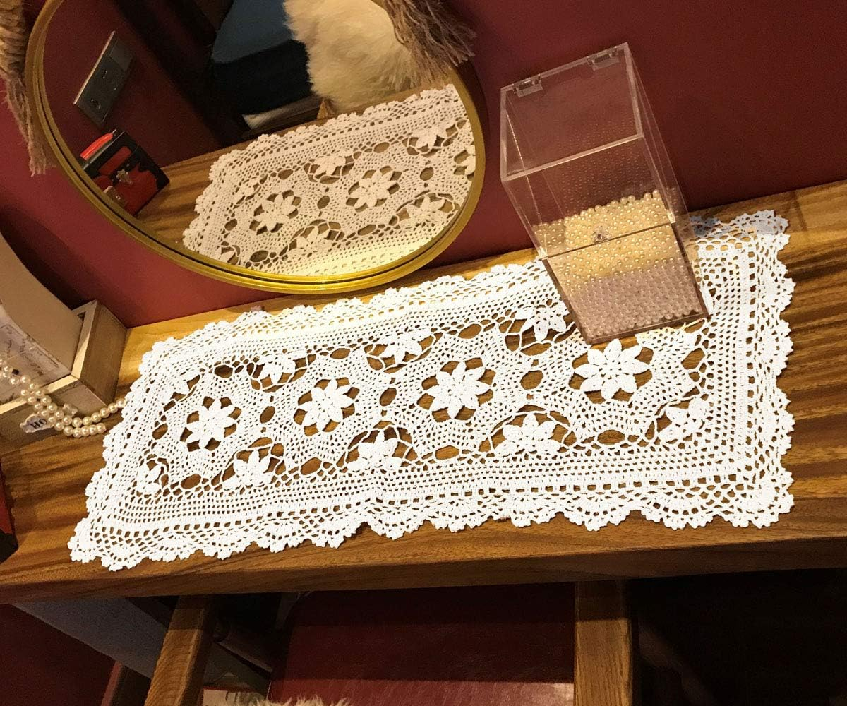 Janef White Handmade Crochet Cotton Table Runner Lace Doilies Doily Rectangle Dresser Scarves,16 by 28 Inches.