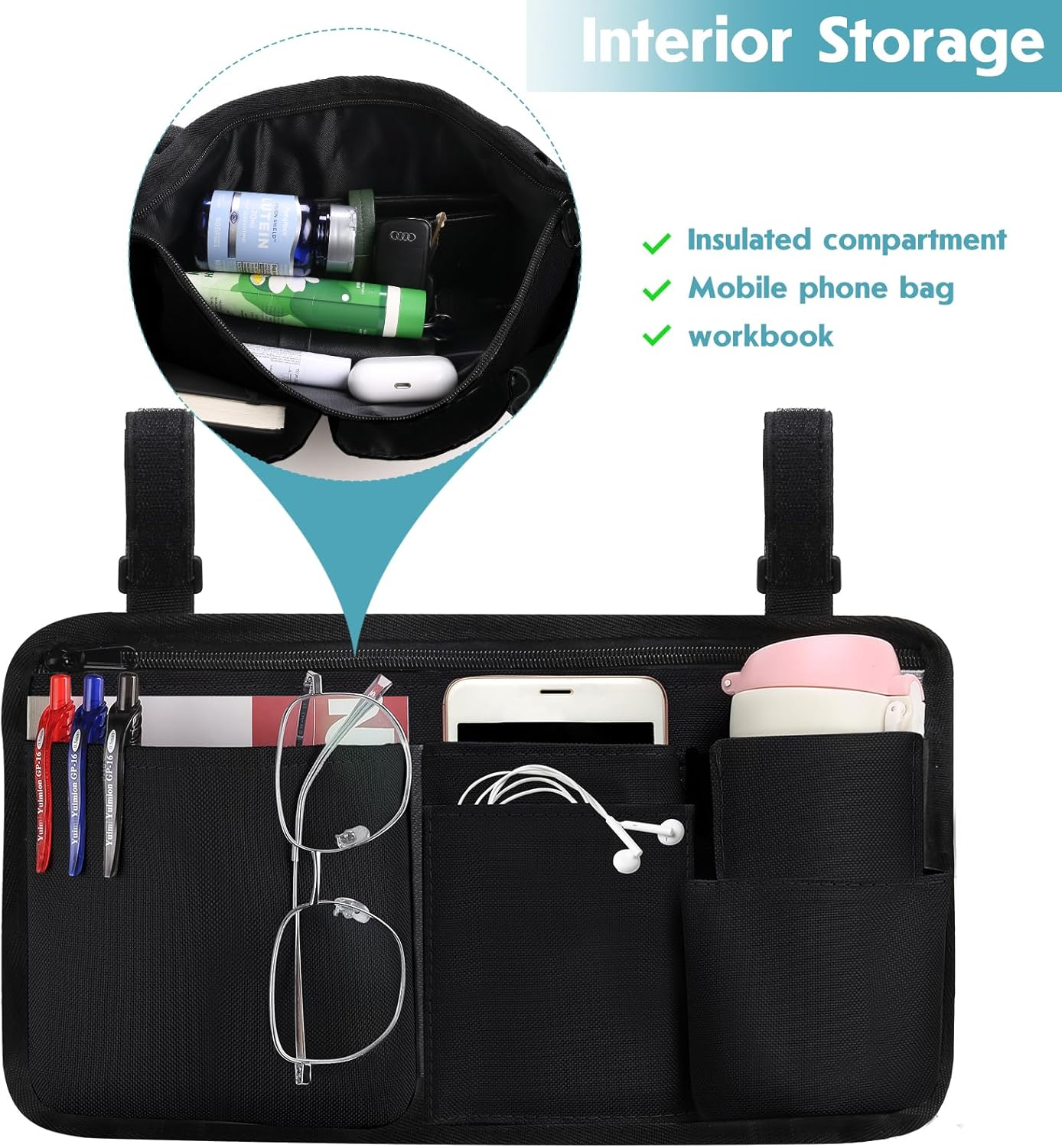 CTWWFS Upgrade Wheelchair Side Bag with Cup Holder, Armrest Accessories for Wheelchair, Rollator, Walker, the Perfectly Organized to Free Your Hands and Bring You a Wonderful Life Experience (Black) - Gray image number 3