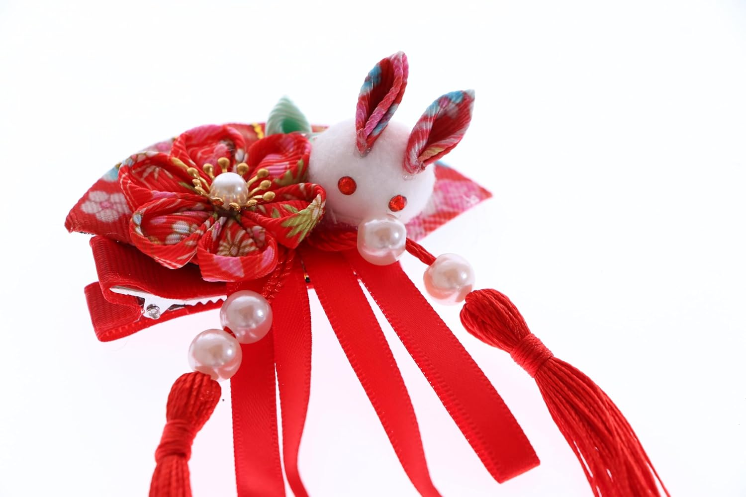 C-117-3 Red Fan Shape Rabbit Handmade Sakura Cherry Blossom Fabric Flowers Tassels Hair Clip Hair Clip Hair Clip Japan Geisha Kimono China Hanfu Accessory image number 3