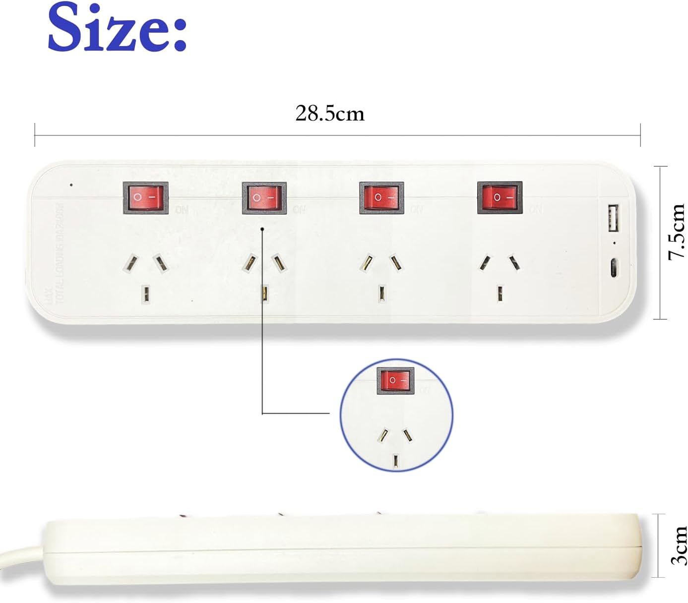 Power Board Surge Protector with Individual Switch, Power Strip with 4 AC Outlets, 1Xusb a and 1Xusb C Charging Port, 2M Extension Cord Power Strip, Wall Mount for Home and Office image number 6