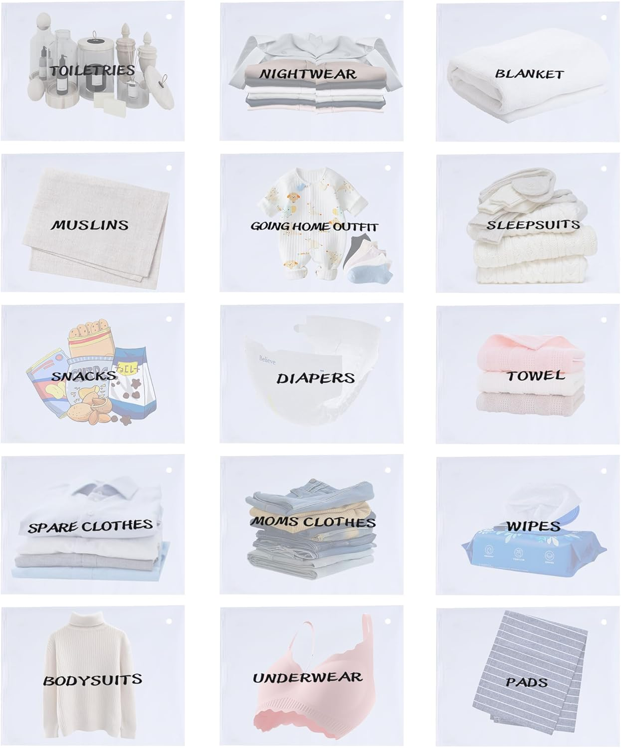 15Pack 13.8X10.6&Prime; Hospital Bags for Labor Delivery, Reusable Hospital Bag Maternity Essentials Organizing Pouches for First Time New Mom image number 4