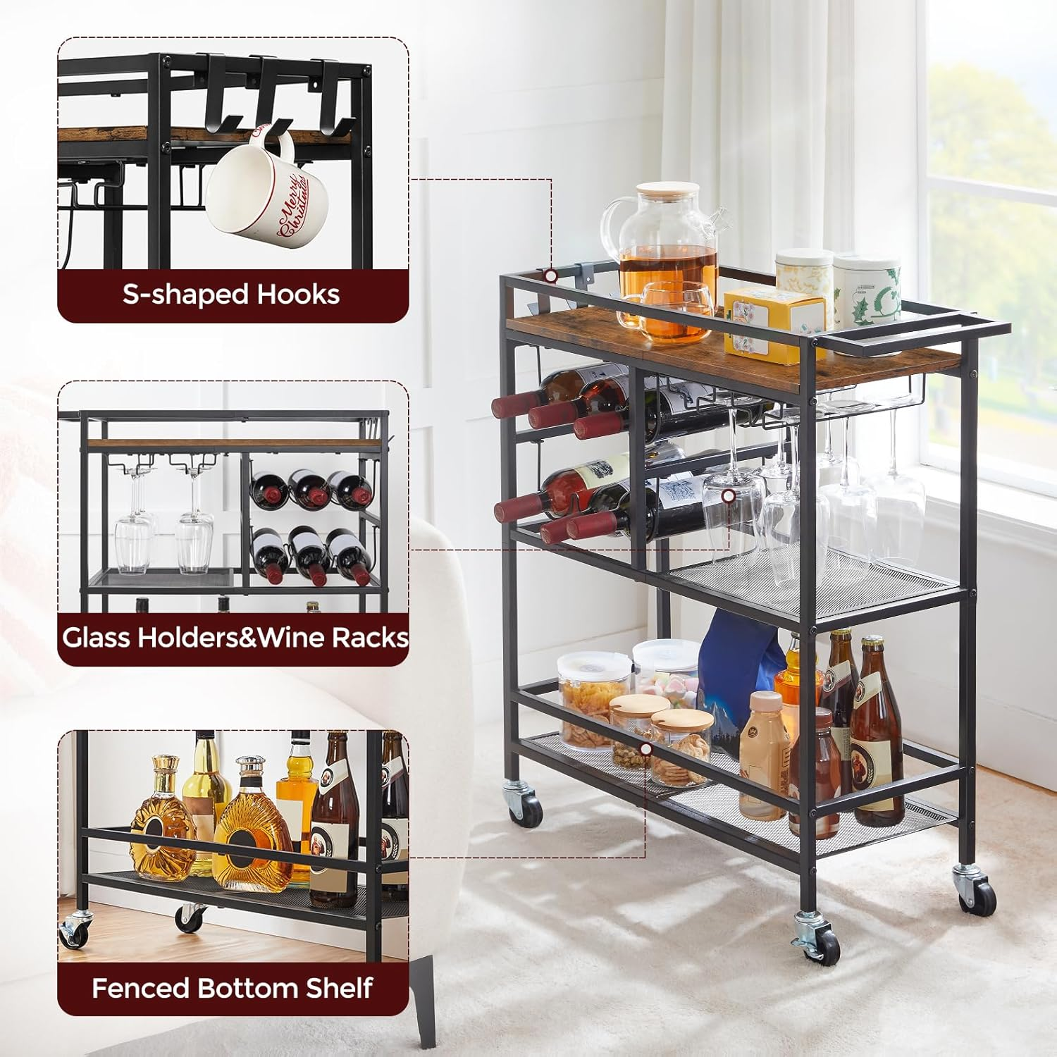 Bar Cart for Home, 3-Tier Serving Cart with Wheels and Handle, Beverage Cart with Wine Rack and Glass Holders, Rolling Wine Cart for Kitchen, Dining Room, Rustic Brown RCHR6101 image number 1