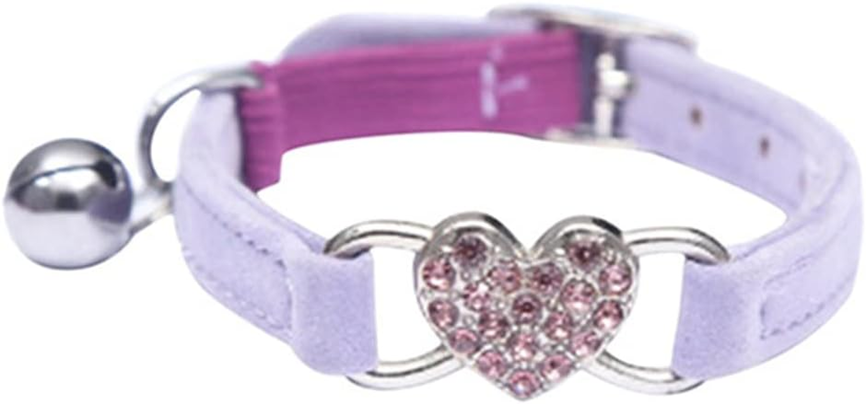Cat Collar Suede Kitten Pet Safety Elastic Adjustable Bell Heart Bling Purple