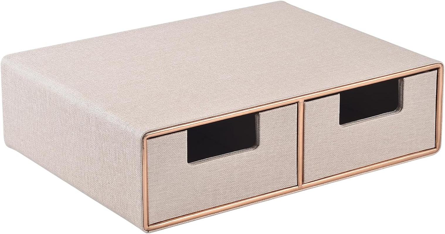 RHCSZ Linen Leather Desk Organizer with Drawers－Mini Desktop Drawer Organizer Stackable－Multifunctional Tabletop Organization Storage Box for Office Supplies Home Vanity Toiletries (Beige, 2-Drawers)