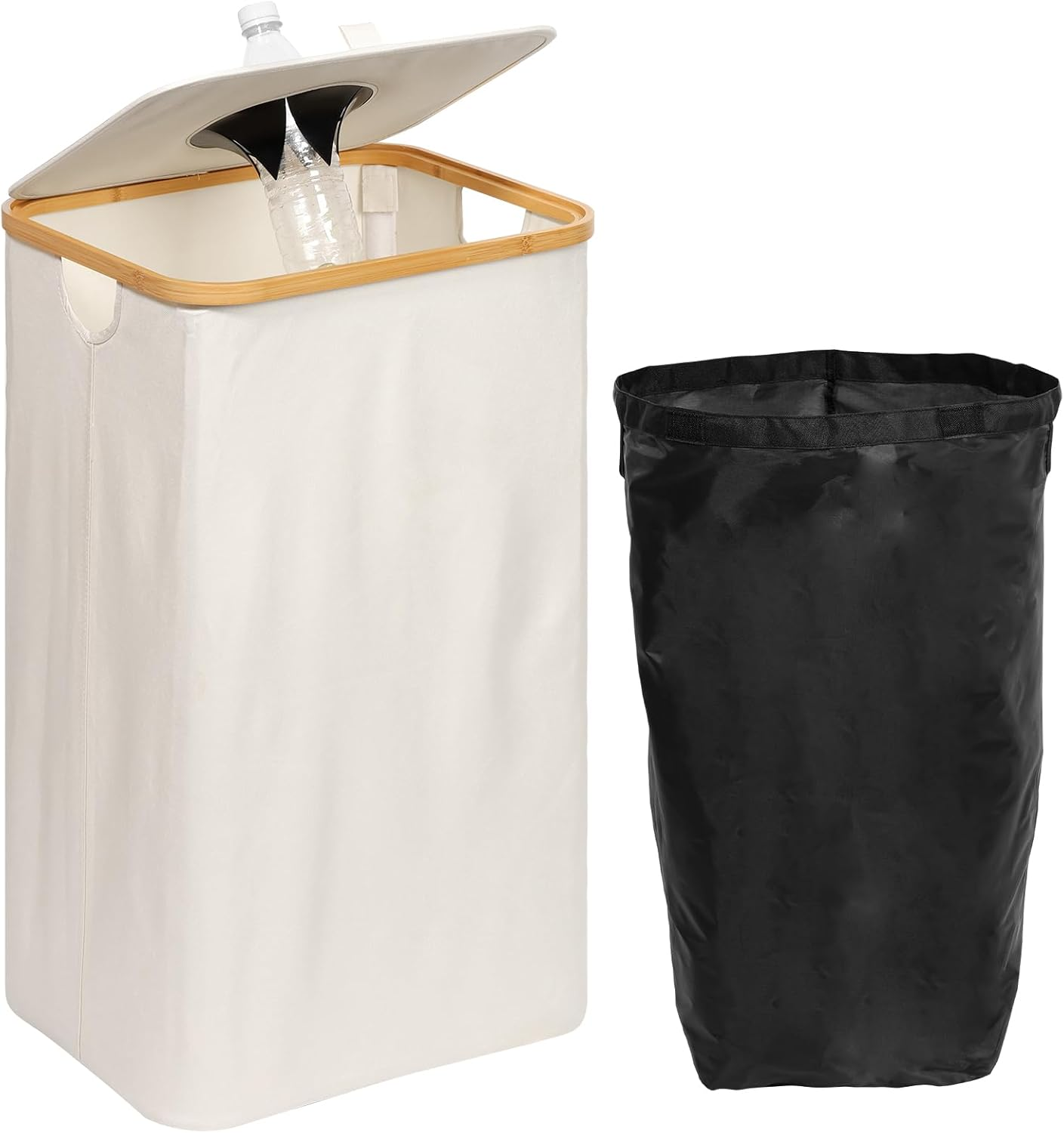 Awobepl Indoor Recycling Bin, 110L Capacity, White, Bamboo + Oxford Cloth, Foldable, Rectangular, Open-Top, Kitchen Laundry Room Recycle Bin image number 4