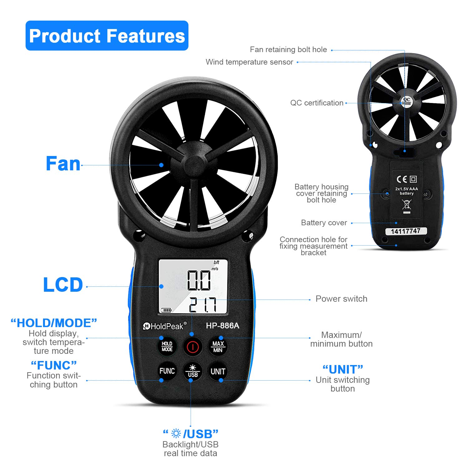 Digital Anemometer Handheld HVAC HP-866A Pro CFM Wind Speed Meter PC Connect Measures Wind Speed Temperature Dew Point Air Flow Meter with Data Hold & USB & Relative Humidity image number 2