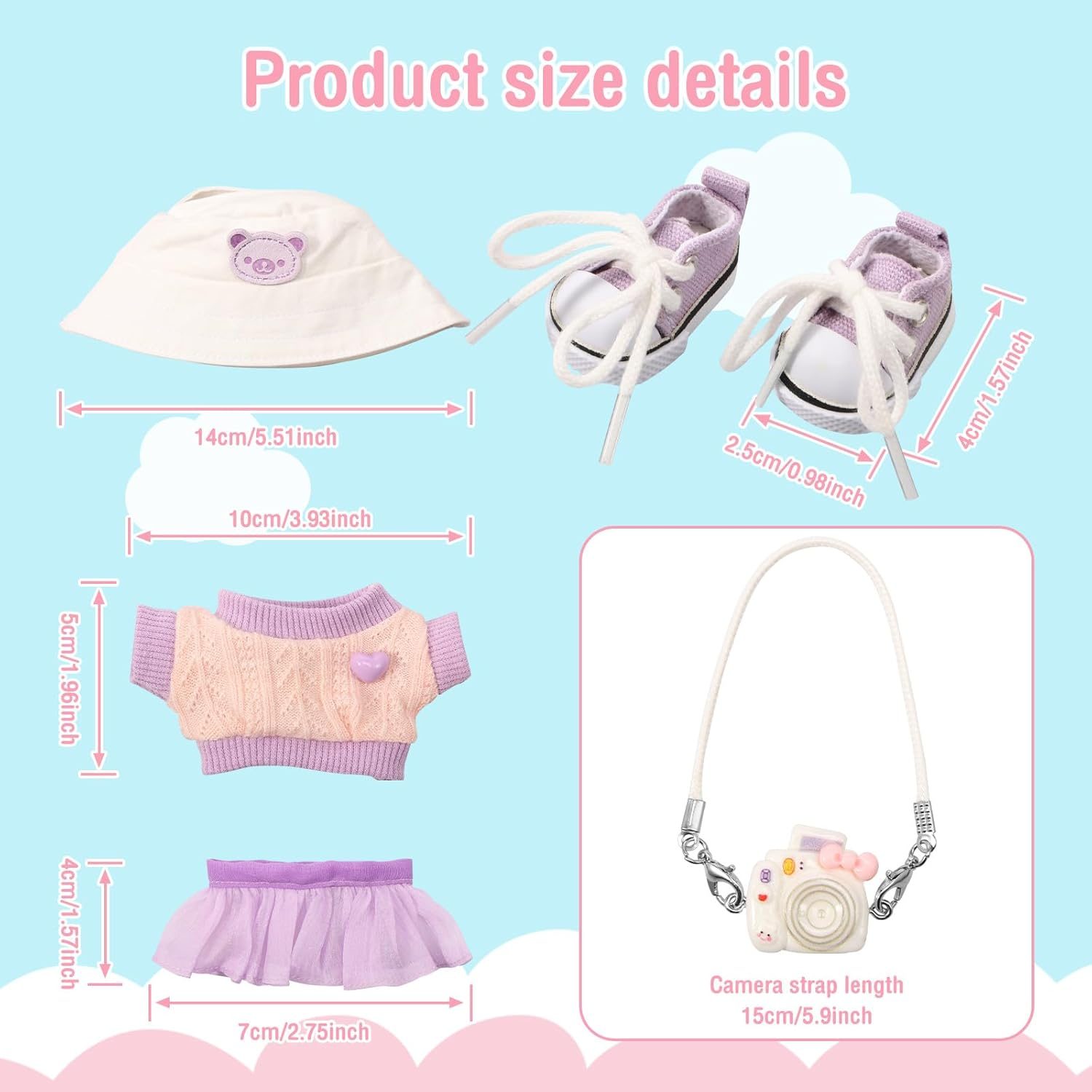 Fwqofvk Clothes Kit for Pendant, Cute Clothes Suit, Exquisite Small Clothes Set Includes Hat, Sweater, Skirt,Camera Model and Shoes for Girl Boy Kid Birthday Present (Purple)